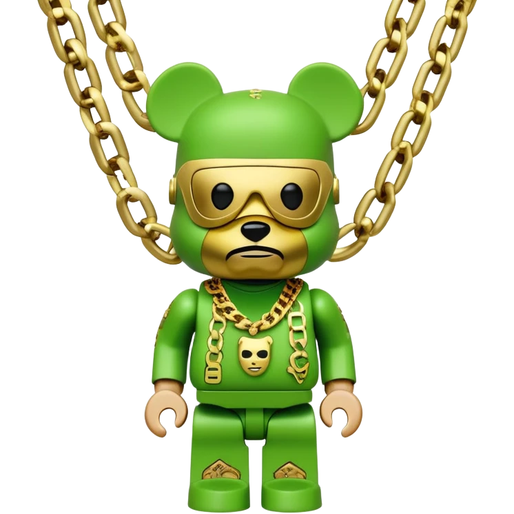 classic bearbrick figure with lime green mask covered in chaotic brand logos, wearing several large gold chains, gold pendant, rapper style accessories, expressive eyebrows emoji