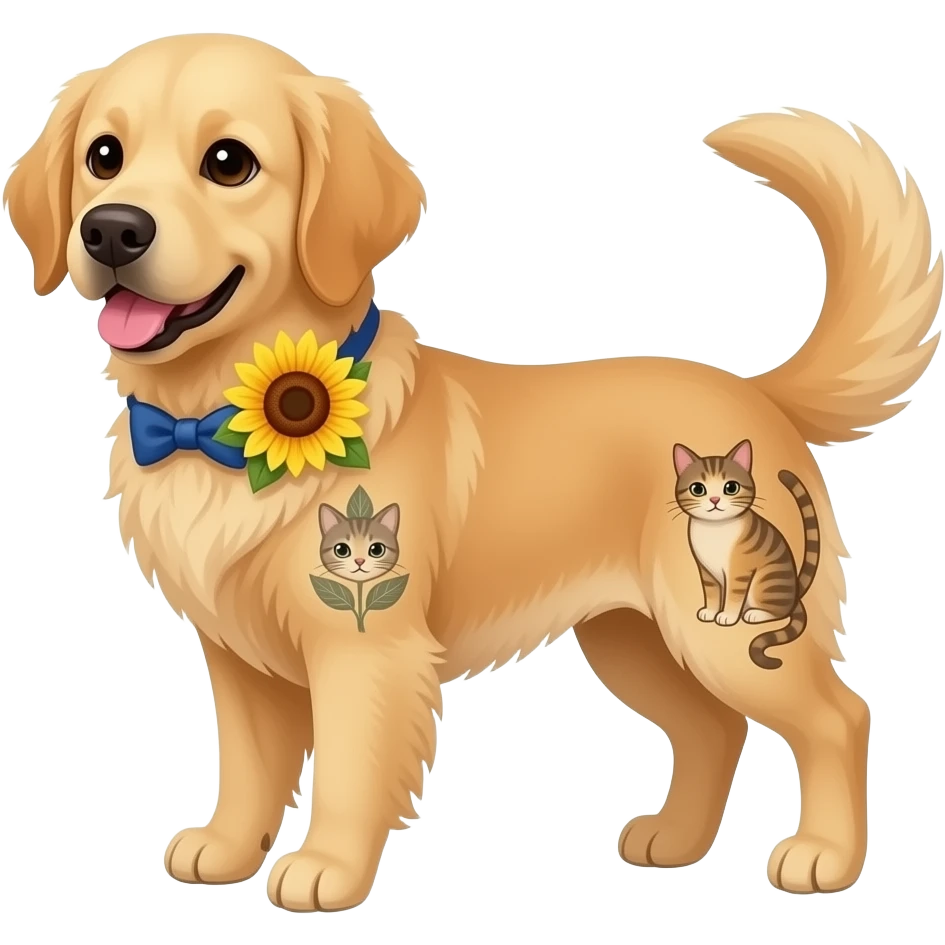 a golden retriever dog with a sunflower bowtie and a cat tatoo emoji