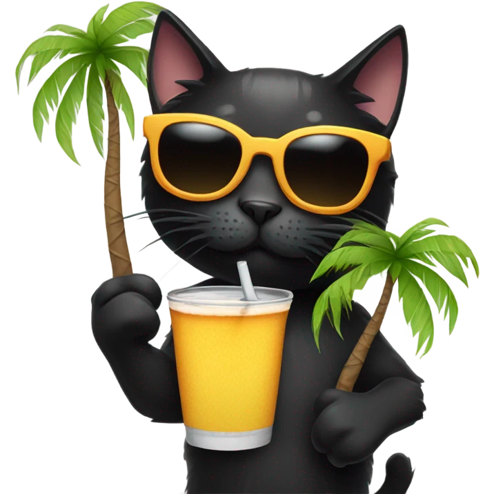 Black cat with sunglasses, drink in hand, and next to a palm tree emoji