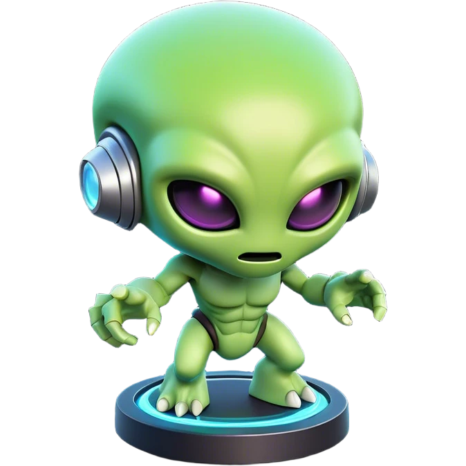 Clash of Clans aesthetic: Cinematic Playful 3D Isometric Alien Emoji, rendered in a 3D vector-style similar to standard emojis with minimal shading and bold, simplified shapes. A compact, distinct form with signature details, softly glowing with a futuristic sci-fi warfare charm. Simplified yet unmistakably iconic, highly detailed and consistent, glowing with a soft radiance and high shine. Stylized with a touch of high-tech brilliance and a soft glowing outline, capturing the essence of a beloved gaming relic with a friendly, playful manner! emoji