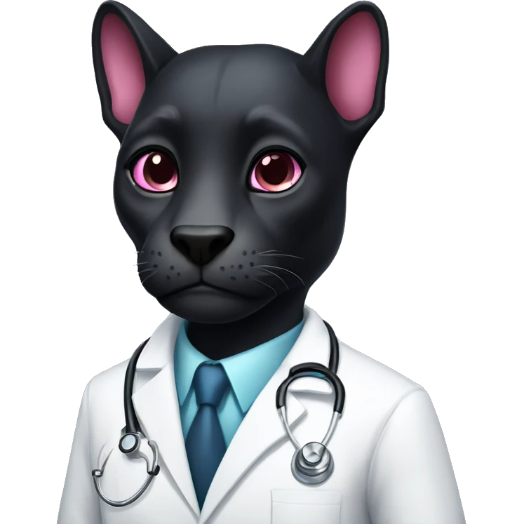 A black animal phanter with pink eyes and white doctor coat emoji