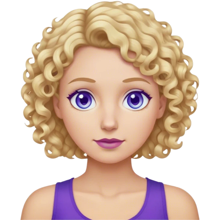 Mom with curly short blonde hair and blue eyes wearing purple top  emoji