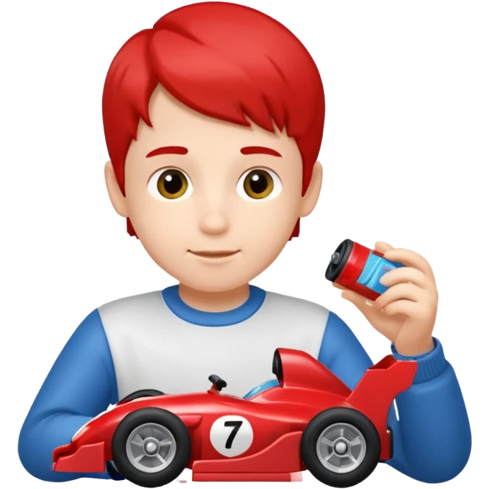 boy playing with formula 1 toy car emoji