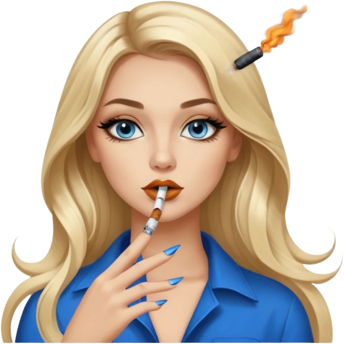 blonde balayage gorgeous girl blue eyes long hair with latina makeup smoking a cigarette and blowing smoke baddie winged eyeliner Long nails emoji