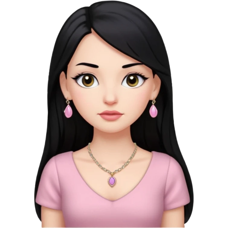 Menina branca ,cabelos pretos longos, olhos pretos puxados para cima. Cílios longos, lábios grossos ,nariz pequeno ,vestido rosa claro de alça. Colar e brinco bem pequeno emoji