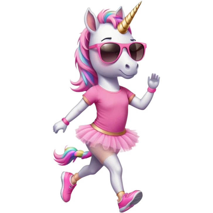 friendly anthropomorphised female unicorn in tutu and pink t-shirt, wearing dark sunglasses, jogging upright in relaxed pose emoji