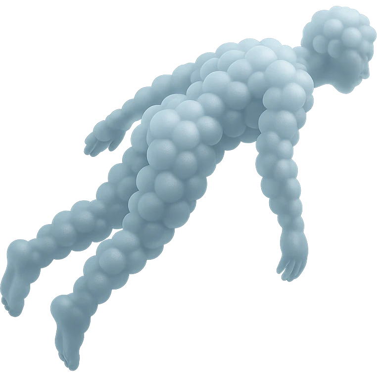 side view of unconscious person flying upwards by torso, legs and arms downwards, made of small very bright white fluffy convex clouds, matte glass style emoji