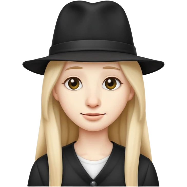emoji character with long nose bridge, long hair, black hat, neutral facial expression emoji