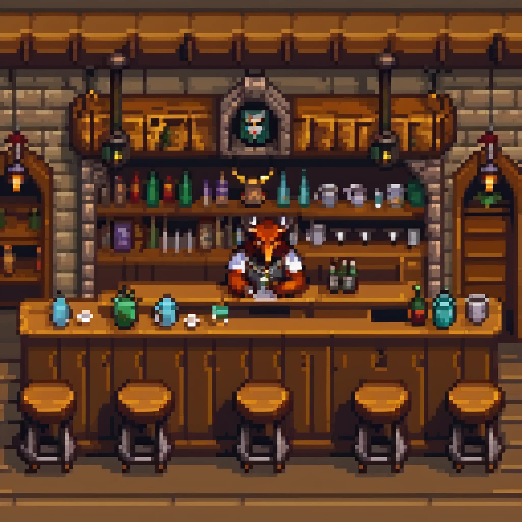 fantasy tavern interior with bar counter, stools, tables, and fantasy creatures enjoying drinks emoji