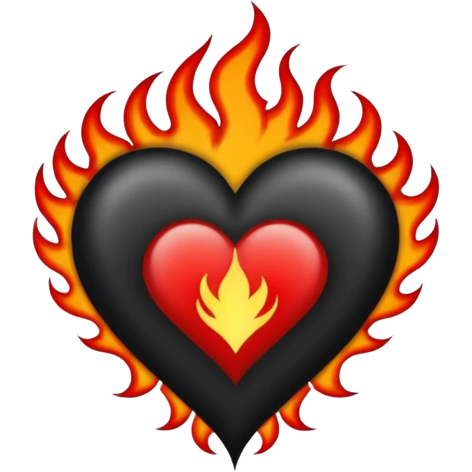 Black and red heart with small flames tattoo style emoji