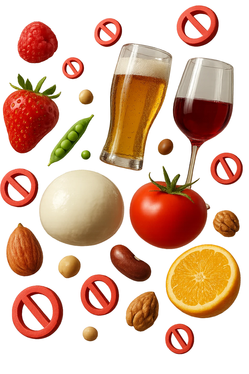 mozzarella, frutta legumi, frutta secca, birra e vino realistici fluttuano in aria con piccoli divieti 3d, IPERREALISTICO 4K emoji