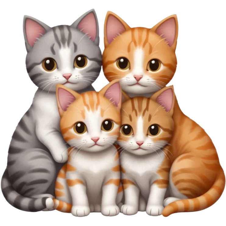 6 tiny kittens cuddling together all different colours, the first one is grey and white, the second is ginger and white and the third is brown tabby and white emoji