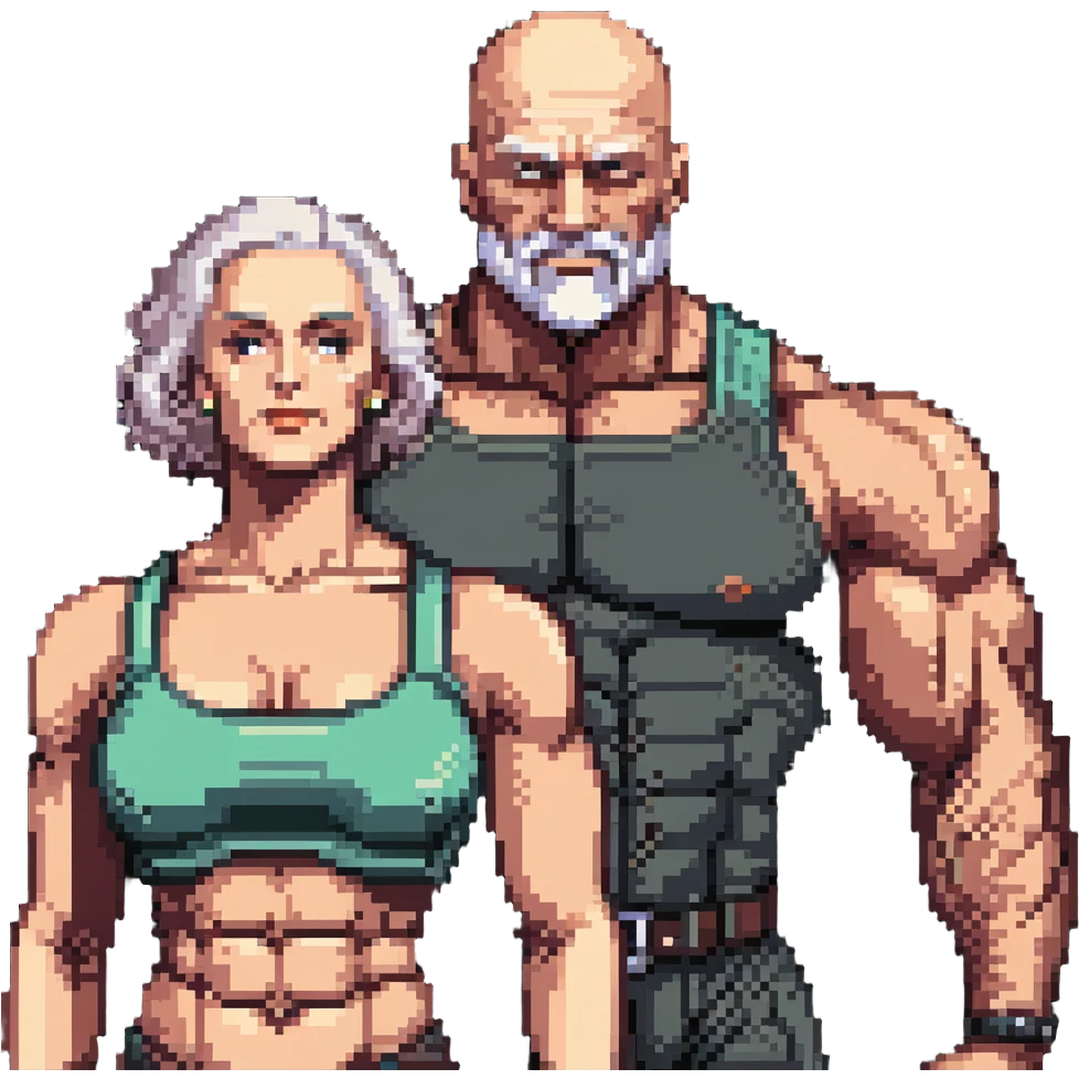 vieux chauve avec une femme musclée au menton gigachad emoji
