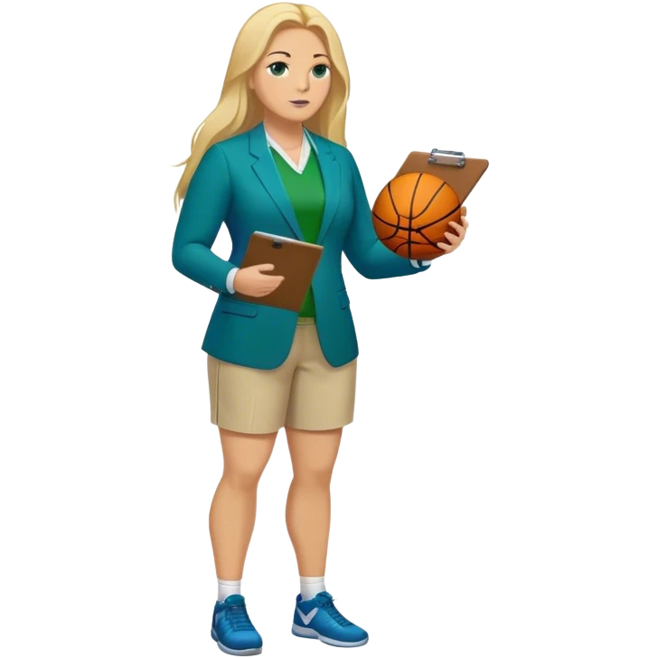 Full Body white plus size female basketball head coach using a clipboard with long blonde hair in a blue and green suit emoji