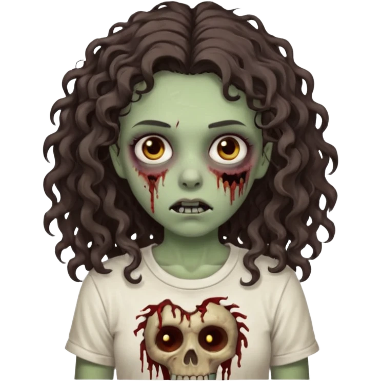 zombie girl with curly hair n brown eyes, dark and long hair 3a with wavy scalp, just a tshirt Ok but less curls and hair under te shoulder emoji