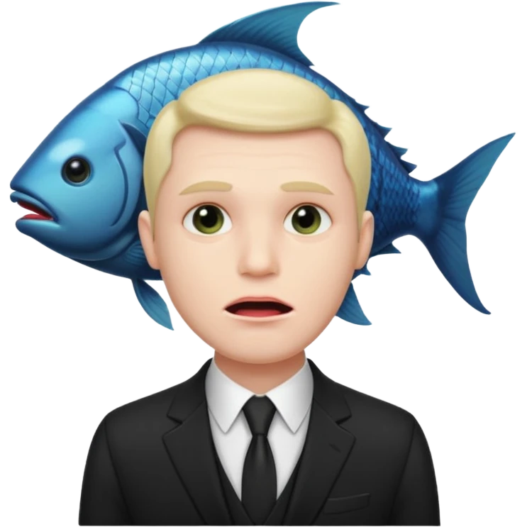 A man dressed in a black suit. His face is that of a fish — therefore, he has no human face. The fish’s face is positioned vertically, meaning its mouth is facing upward. emoji
