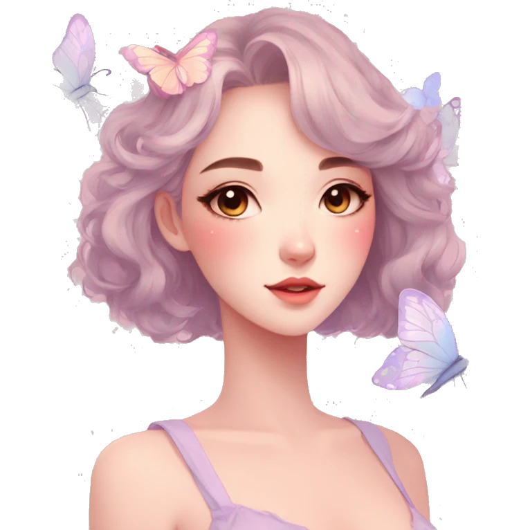 Gorgeous pastel anime style lady with blushing face and butterflies aesthetic trending style emoji