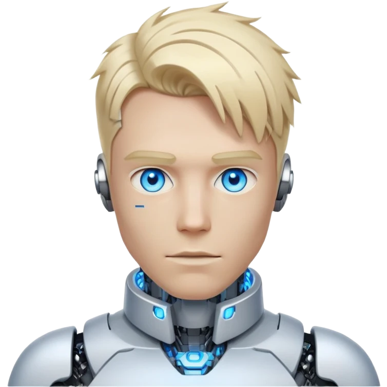 Cyborg male with tousled straight blond hair, partly mechanical face, glowing eyes, white tech collar emoji