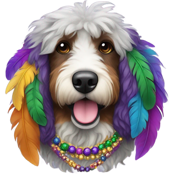Bernedoodle dressed for Mardi Gras emoji