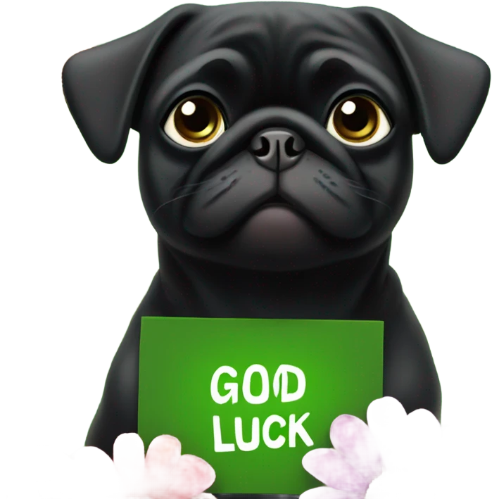 Black pug , surrounded by flowers, holding a green sign that says “good luck”  emoji