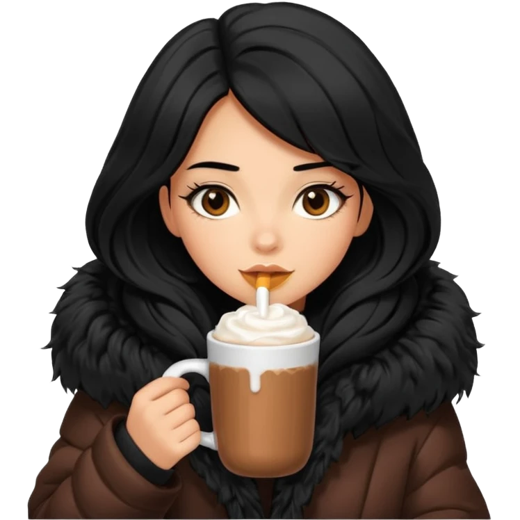 Tanned Girl with lashes , black hair, in an extremely big fluffy oversized jacket, and drinking hot chocolate drink emoji