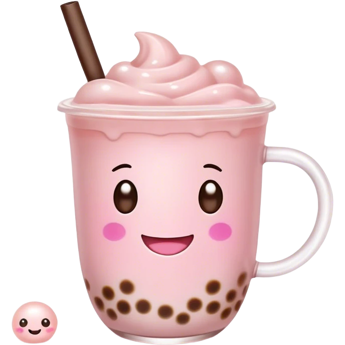 Cute Kawaii Boba Tea Cup, with a happy smiling face, chubby round shape, pastel pink and brown colors, soft glowing highlights, adorable tapioca pearls floating inside, sparkling eyes full of joy! emoji