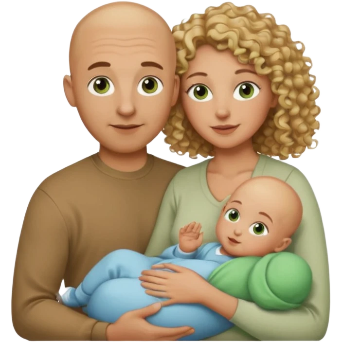 Un hombre calvo de ojos marrones con su mujer rubia de pelo rizado y ojos verdes sosteniendo un bebé niño de pelo rizado moreno y de ojos marrón verdoso emoji