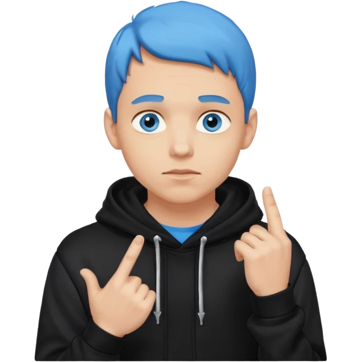 man in black hoodie in thinking pose, blue eyes, right hand raised, index finger touching his chin, eyes looking up to the top right emoji