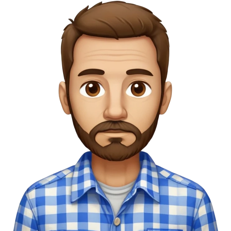 Skinny Puerto Rican man in his mid-50s with light skin. Thin face with defined features. Messy, disheveled brown hair. Untidy brown beard. Wearing a blue and white checkered button-up shirt that looks loose on his slim frame. emoji
