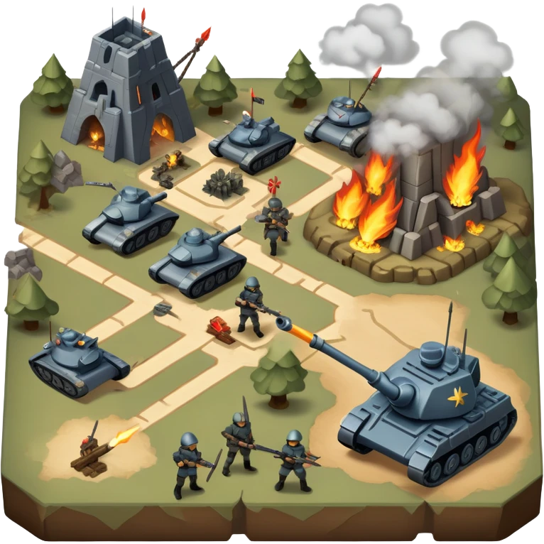 An icon showing a strategic battle scene with a top-down view of an army, inspired by classic strategy games. The interface displays unit icons, a minimap, and resource counters. Soldiers and siege weapons engage in combat on detailed terrain. Transparent background. emoji