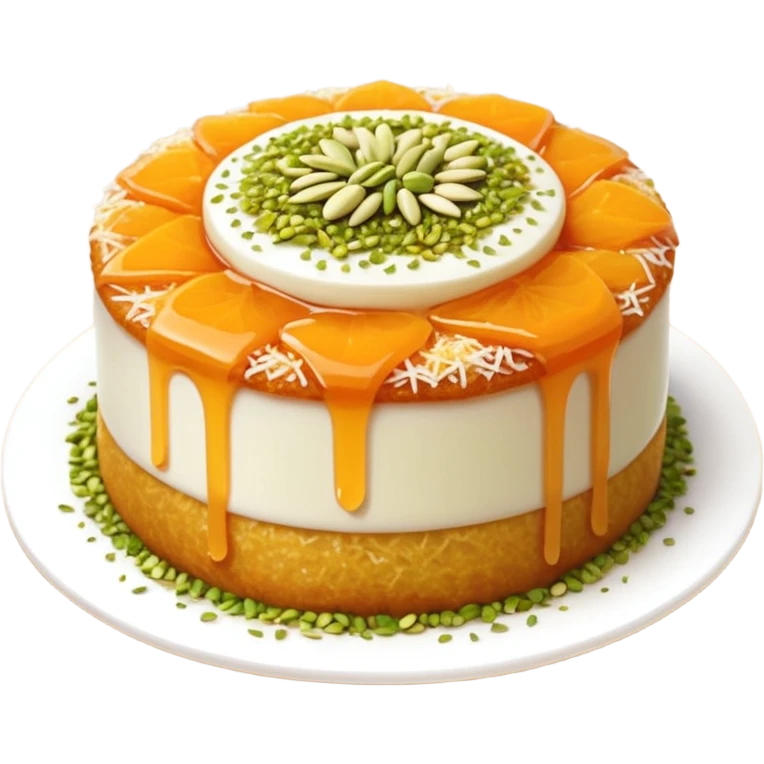 A small round emoji of traditional kanafeh with golden-orange crispy threads, a gooey white cheese center, and a light sprinkle of green pistachios. Warm and delicious-looking. emoji