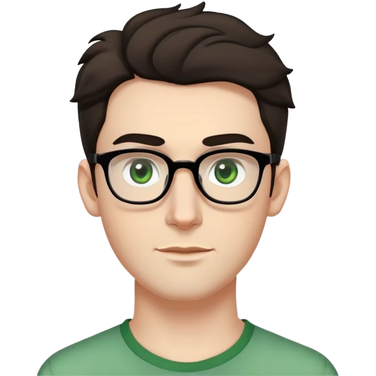 young man with pale skin, wider face, larger ears, bigger nose, thick dark eyebrows, dark tall voluminous slightly wavy hair styled up high on head but not curly, wearing glasses with green eyes and very light stubble, with a slight smile emoji