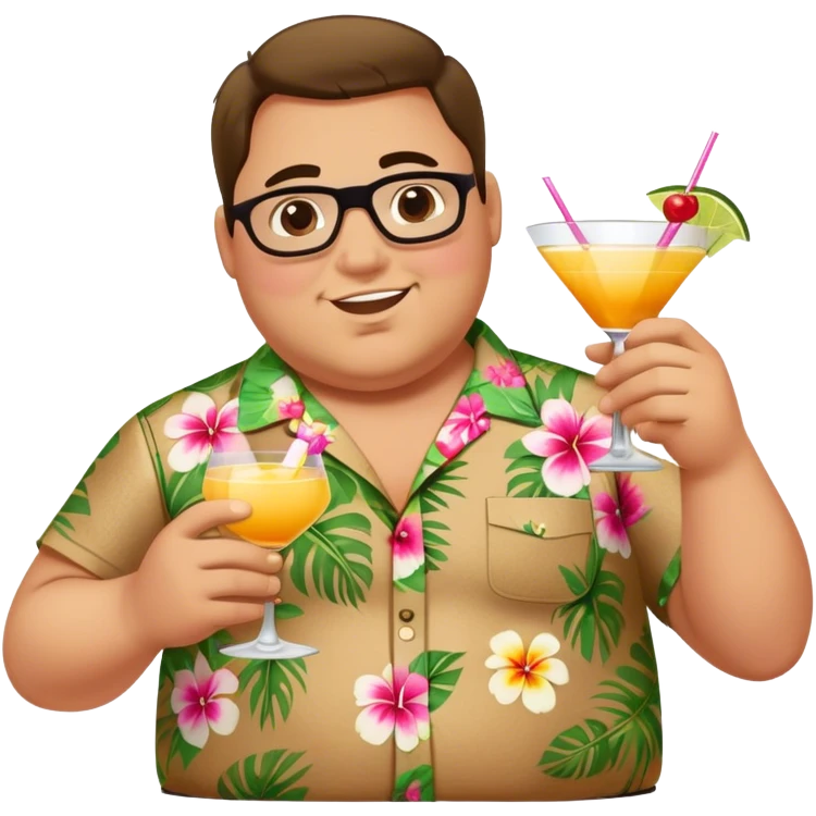 chubby guy full figure in a flowered hawai shirt holding a cocktail emoji