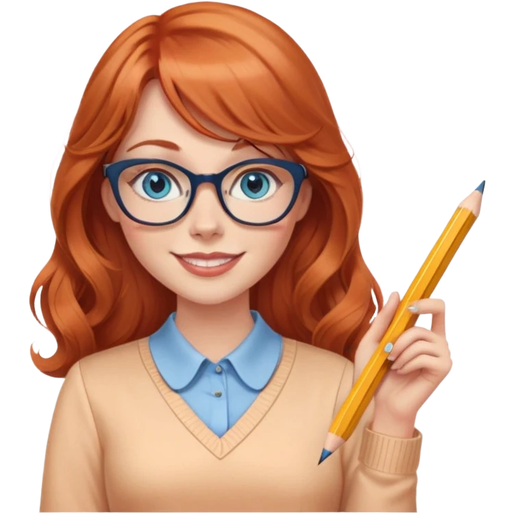 redheaded woman with long wavy hair and bangs, blue eyes, cat-eye glasses, wearing a pencil skirt and apricot blouse, holding a pencil, smiling emoji