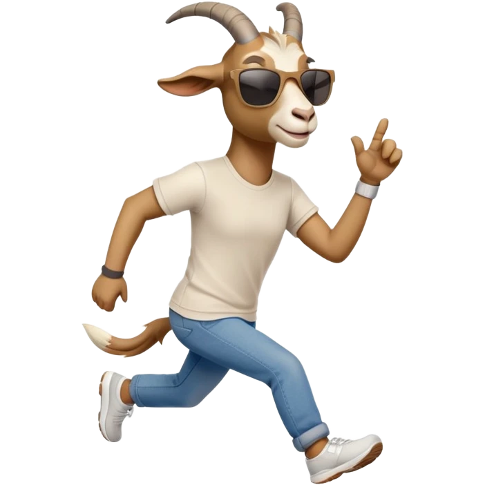 friendly anthropomorphised goat in jeans and a t-shirt, wearing dark sunglasses, jogging upright in relaxed pose emoji