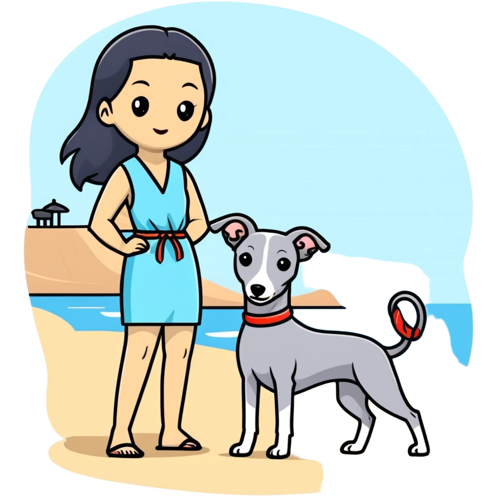Slim Chinese woman with long black hair in beach attire at the beach with her Italian greyhound that is COMPLETELY solid grey, with absolutely NO white markings on face, snout, or anywhere else, single uniform grey color throughout entire dog body emoji