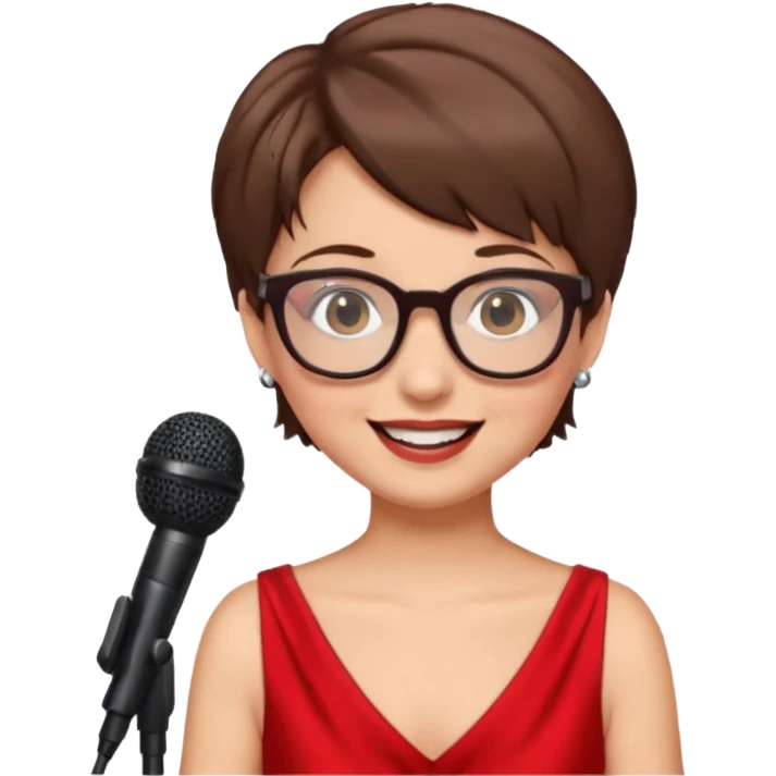 singer, Old, brown short hair, holding mic, red dress, glasses emoji