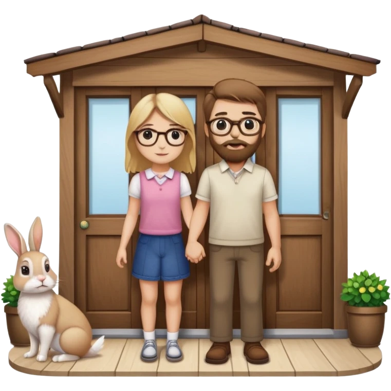 Glasses wearing brown haired bearded man with a blond girl holding a rabbit with a front door behind them emoji