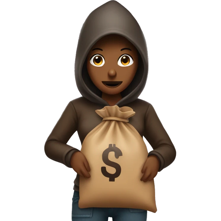 Robber with a brown money bag 💰 hanging backwards of her shoulder emoji