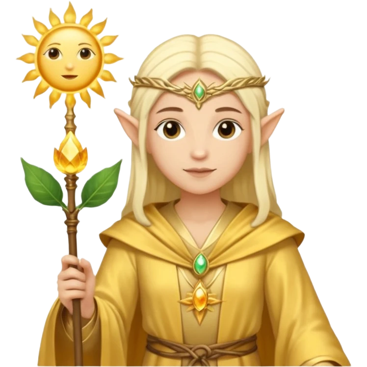 {
      "type": "human",
      "look": "light elf healer, golden robe, staff with leaf and sun motif",
      "description": "a light elf healer wearing a golden robe and holding a staff with leaf and sun symbols"
    } emoji