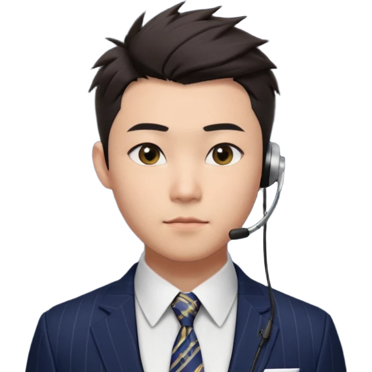 gay young Asian man with light skin, short dark hair styled upward with a sharp spiked swoop in front, slightly narrowed almond-shaped eyes with a confident, knowing squint, very squinty a clean-shaven face, and a sleek single-ear headset, wearing a dark pinstripe suit with a patterned shirt tie emoji
