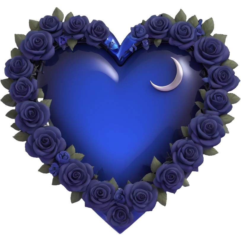 gothic heart, midnight blue glass, silver crescent moon, tiny black roses, mysterious and rich emoji
