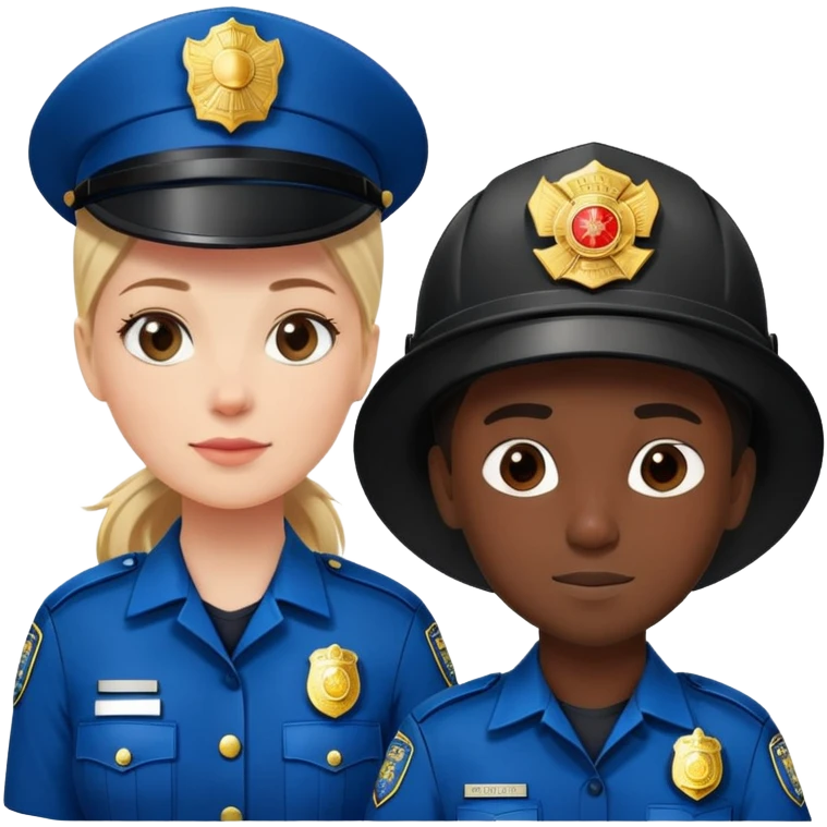 white female policeman in a blue uniform, black male fireman in a red uniform emoji