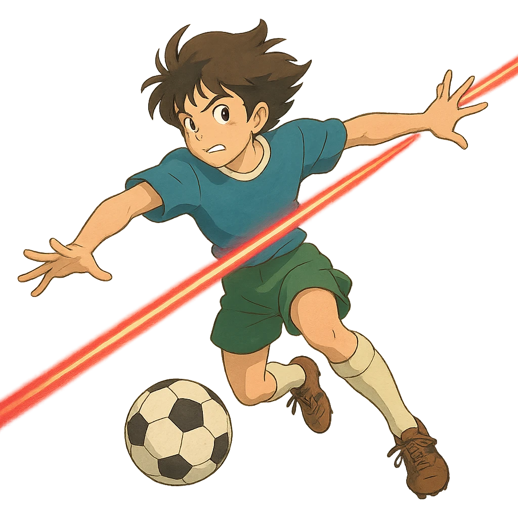 ghibli style soccer player dodging a laser beam, dynamic pose emoji