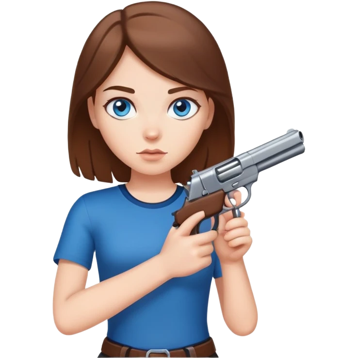 White girl with blue eyes and brown hair holding gun to the camera emoji