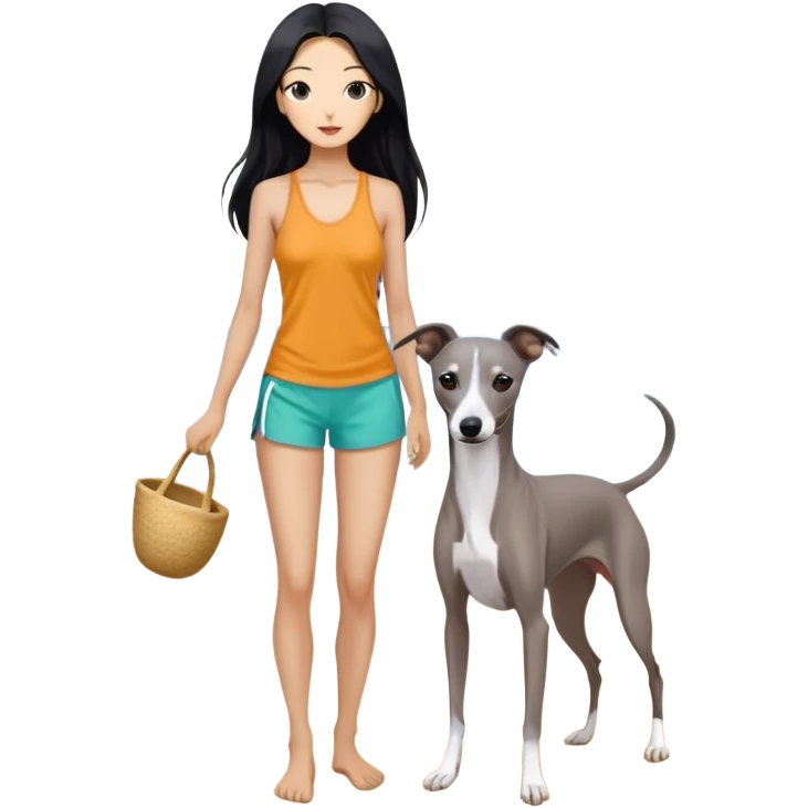 Slim Chinese woman with long black hair in appropriate beach attire at the beach with her completely solid grey Italian greyhound, ocean and sand visible, the dog has absolutely no white markings anywhere emoji