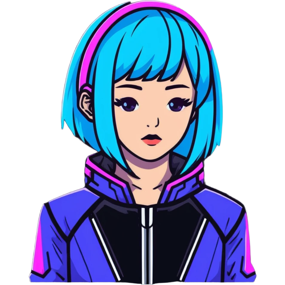 Cyberpunk Japanese girl with neon blue wig, futuristic holographic jacket, digital glitches effect, dark background with purple neon glow, iOS app icon style emoji