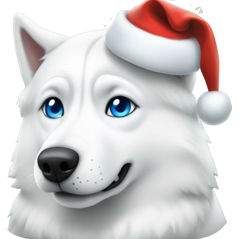 All white husky with blue eyes and a Christmas hat emoji
