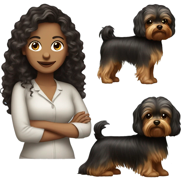 40 years old woman with dark brown long hair ,slidly curly and a yorkie  emoji