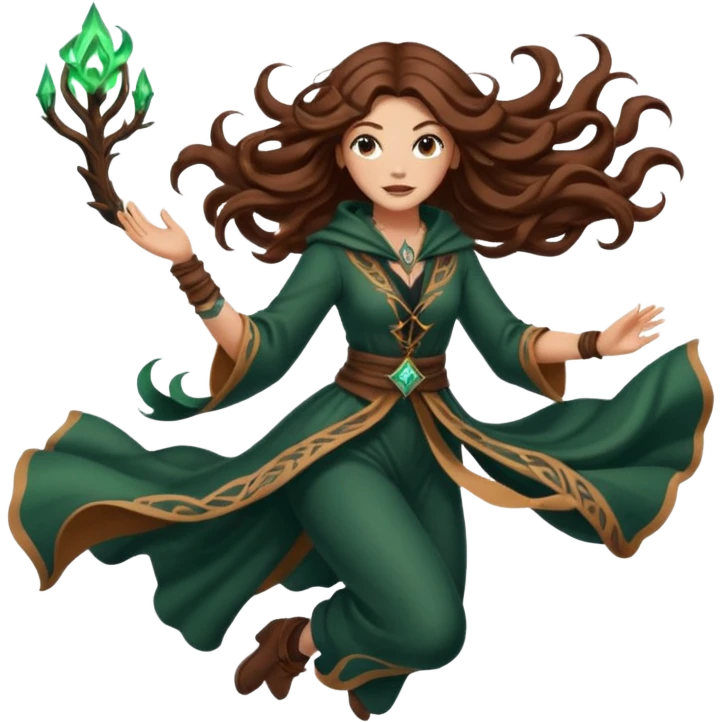 forest mage woman long wavy brown hair tattoos drawing symbol mid-air emoji
